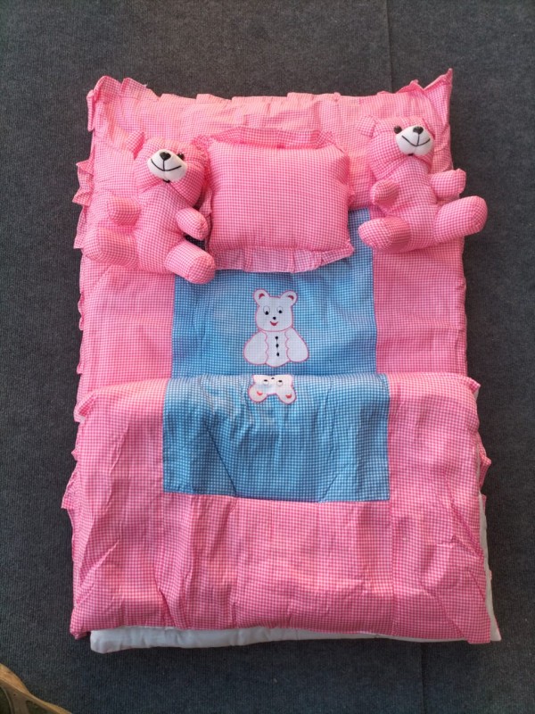 1 Cotton bedding with 1 cotton blanket with 1 pillow & 2 small teddy bear Pink & Blue color