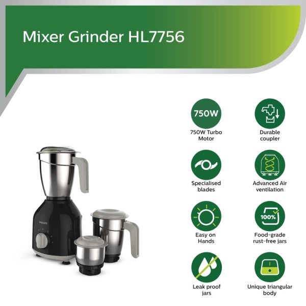 Philips HL7756/00 Mixer Grinder, 750W, 3 Jars